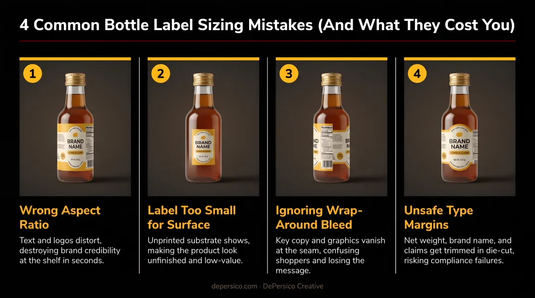 Four common bottle label sizing mistakes and their negative consequences illustrated