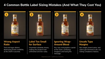 Four common bottle label sizing mistakes and their negative consequences illustrated