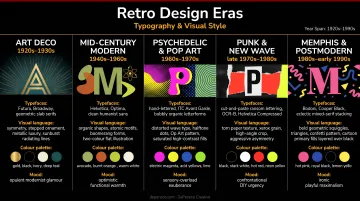 Five retro design eras typography and visual style characteristics comparison chart