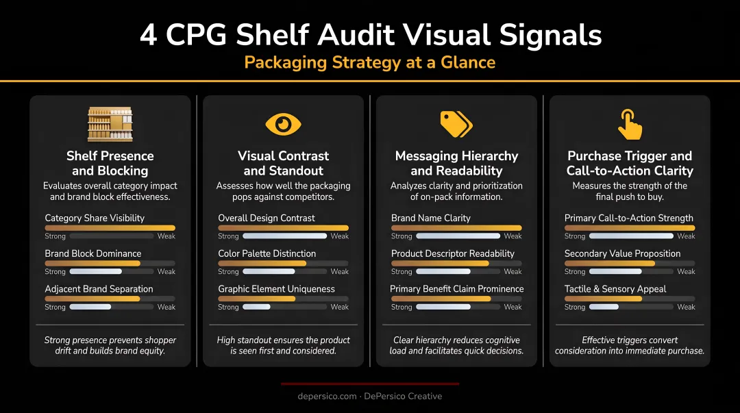 Four CPG shelf audit visual signals comparison chart for packaging strategy