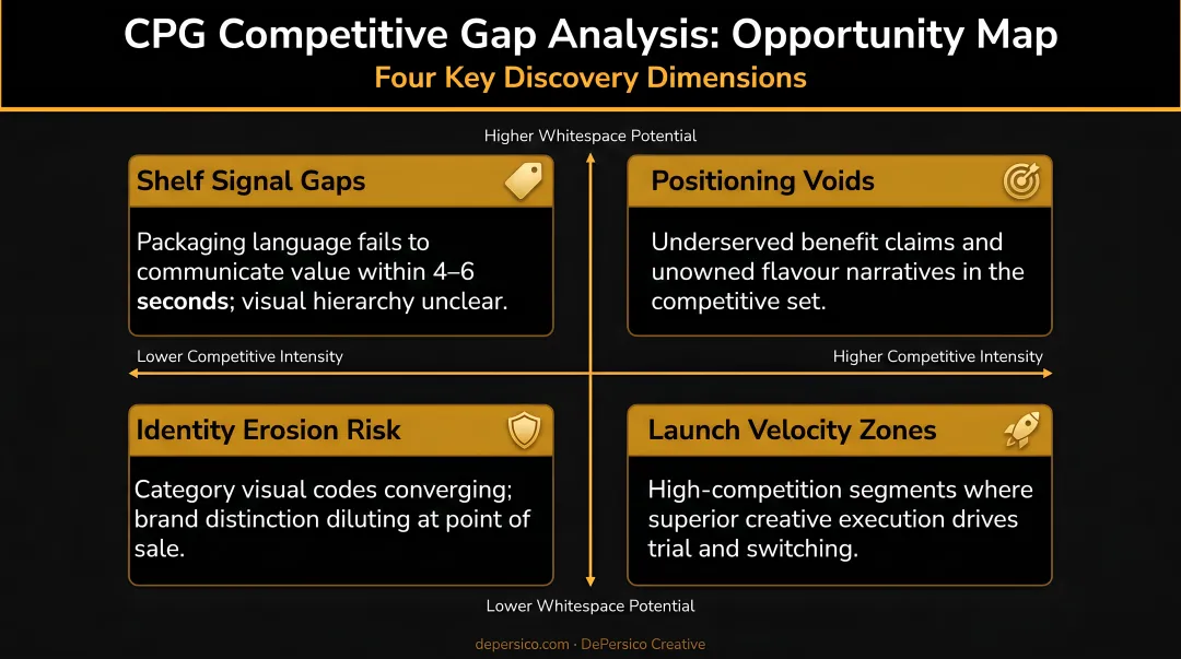 CPG competitive gap analysis opportunity map with four key discovery dimensions