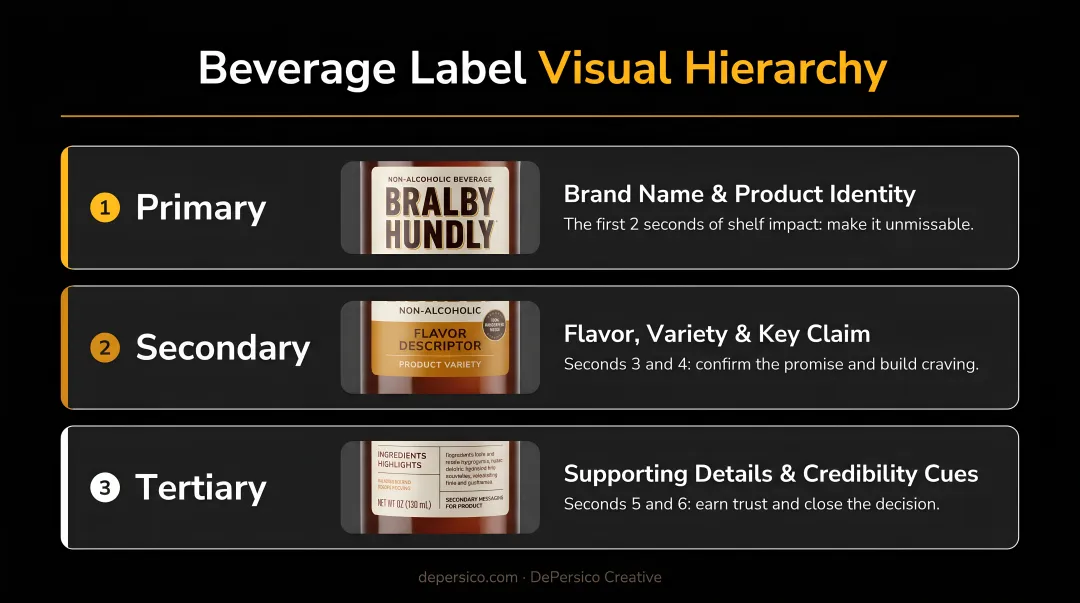 Three-tier beverage label visual hierarchy diagram primary secondary tertiary levels