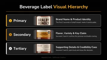 Three-tier beverage label visual hierarchy diagram primary secondary tertiary levels