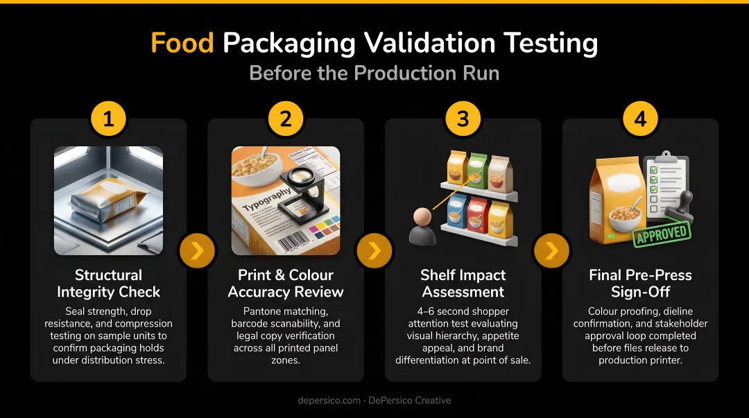 Four-step food packaging validation testing process before production run