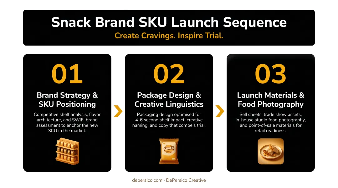 Three-step snack brand SKU launch sequence process flow infographic