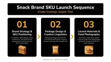 Three-step snack brand SKU launch sequence process flow infographic
