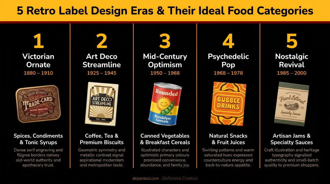 Five retro label design eras matched to ideal food and beverage product categories