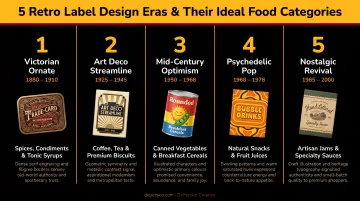 Five retro label design eras matched to ideal food and beverage product categories