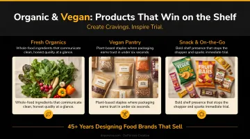 Organic and vegan food products displayed on natural wooden market shelf