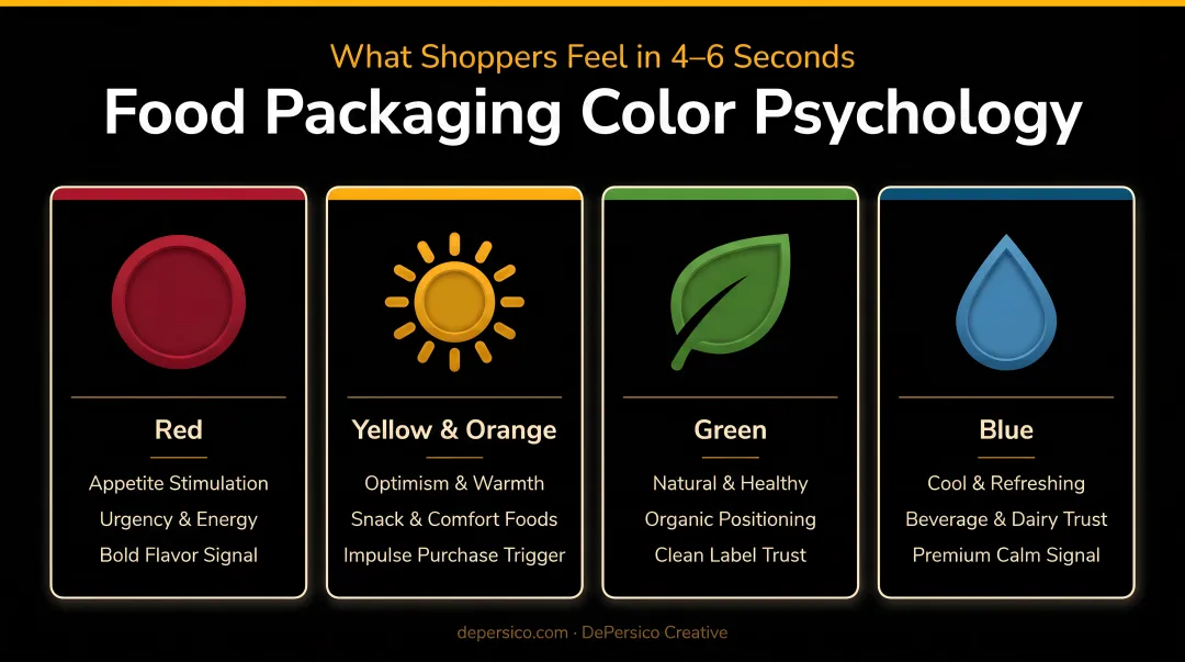 Food packaging color psychology guide showing four key color associations