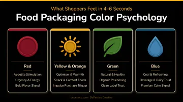 Food packaging color psychology guide showing four key color associations