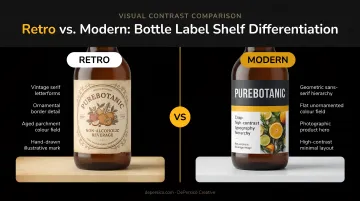 Retro versus modern bottle label shelf differentiation visual contrast comparison
