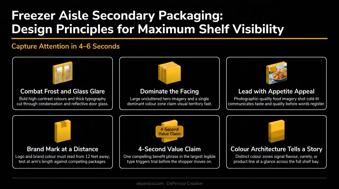 Freezer aisle secondary packaging design principles for maximum shelf visibility