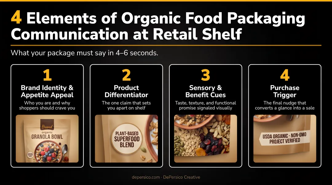 Four-element organic food packaging communication framework at retail shelf