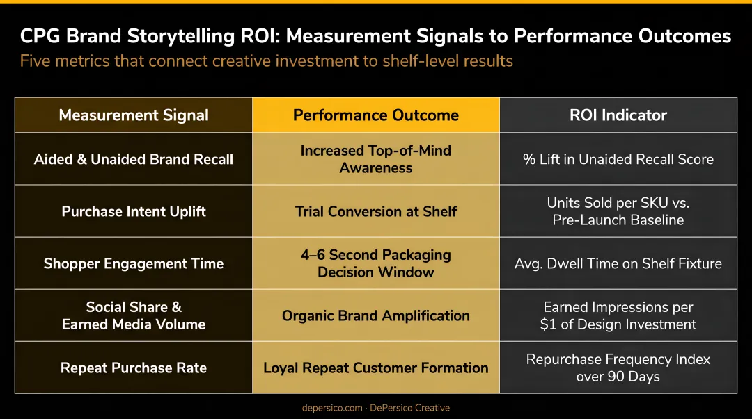 Five CPG brand storytelling ROI metrics table mapping measurement signals to performance outcomes