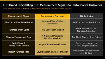 Five CPG brand storytelling ROI metrics table mapping measurement signals to performance outcomes