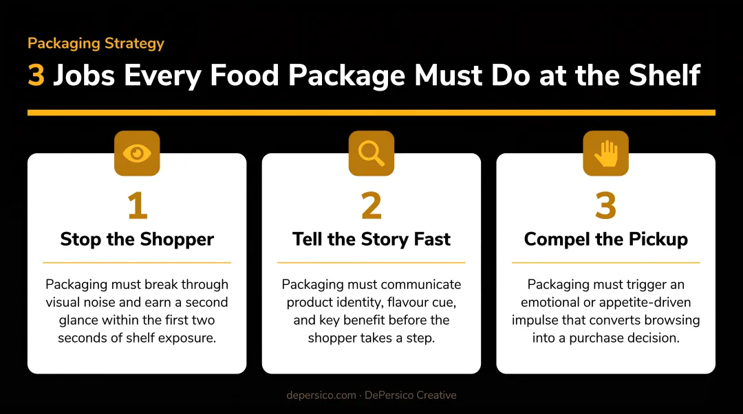 Three simultaneous jobs food packaging must accomplish at retail shelf infographic