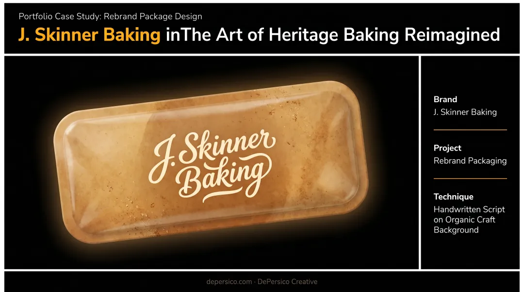 J. Skinner Baking rebrand packaging showing handwritten script on organic brown background
