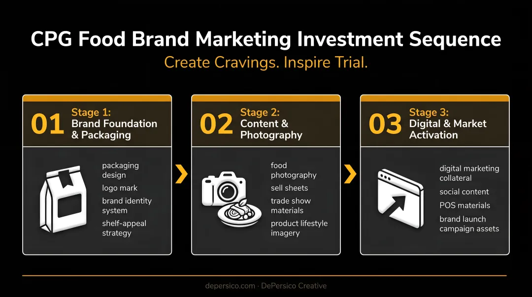 Three-stage emerging CPG food brand marketing investment sequence from packaging to digital