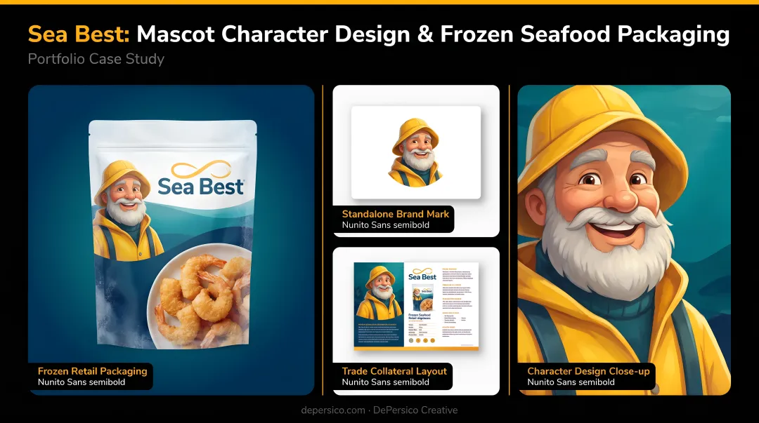Fisher Sea Best mascot character shown across frozen seafood packaging and brand touchpoints