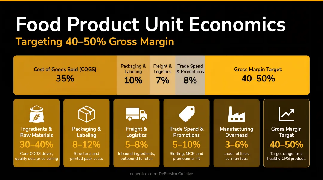 Food product unit economics cost breakdown targeting 40 to 50 percent gross margin