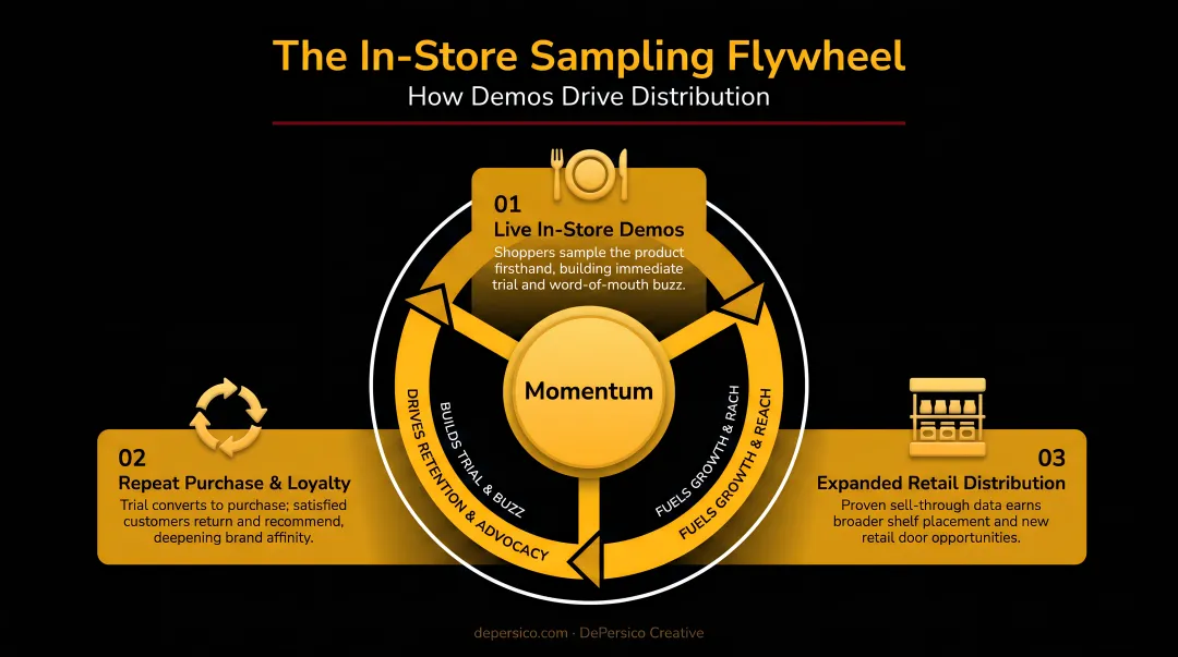 In-store food sampling flywheel showing three-stage cycle from demos to distribution