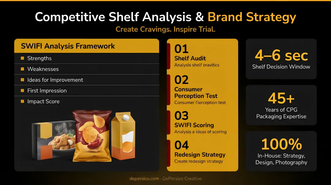 Food packaging agency competitive shelf analysis and brand strategy session in progress