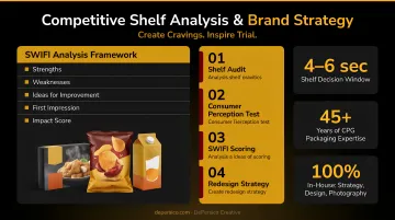 Food packaging agency competitive shelf analysis and brand strategy session in progress