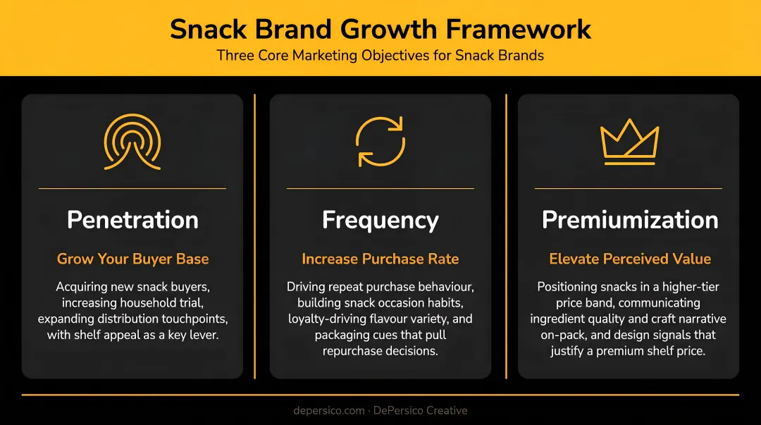 Three snack brand marketing objectives penetration frequency and premiumization framework