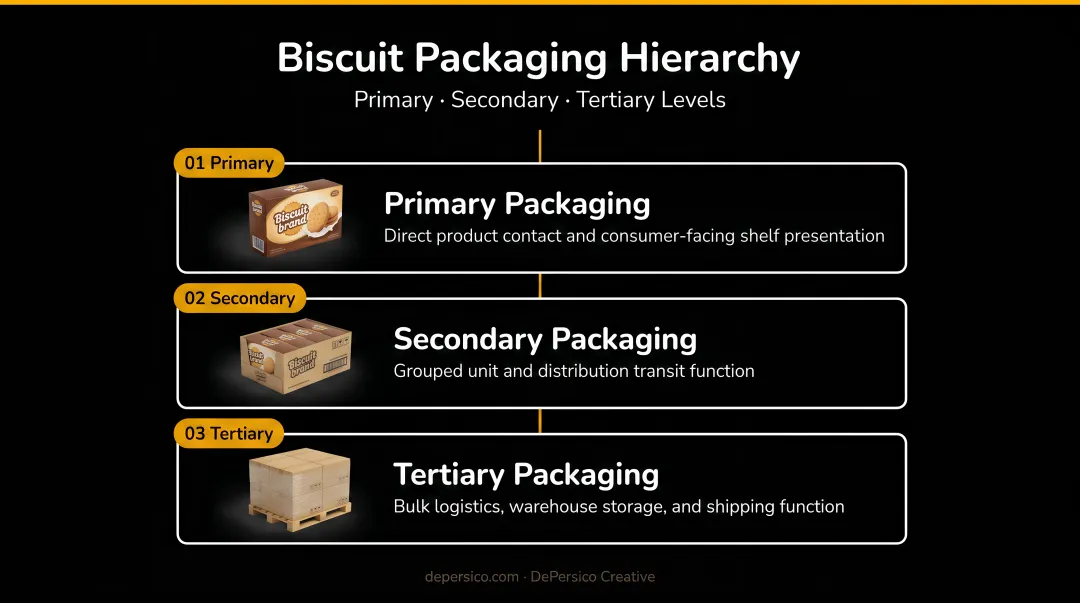 Three-layer biscuit packaging hierarchy from primary to tertiary level