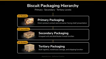 Three-layer biscuit packaging hierarchy from primary to tertiary level