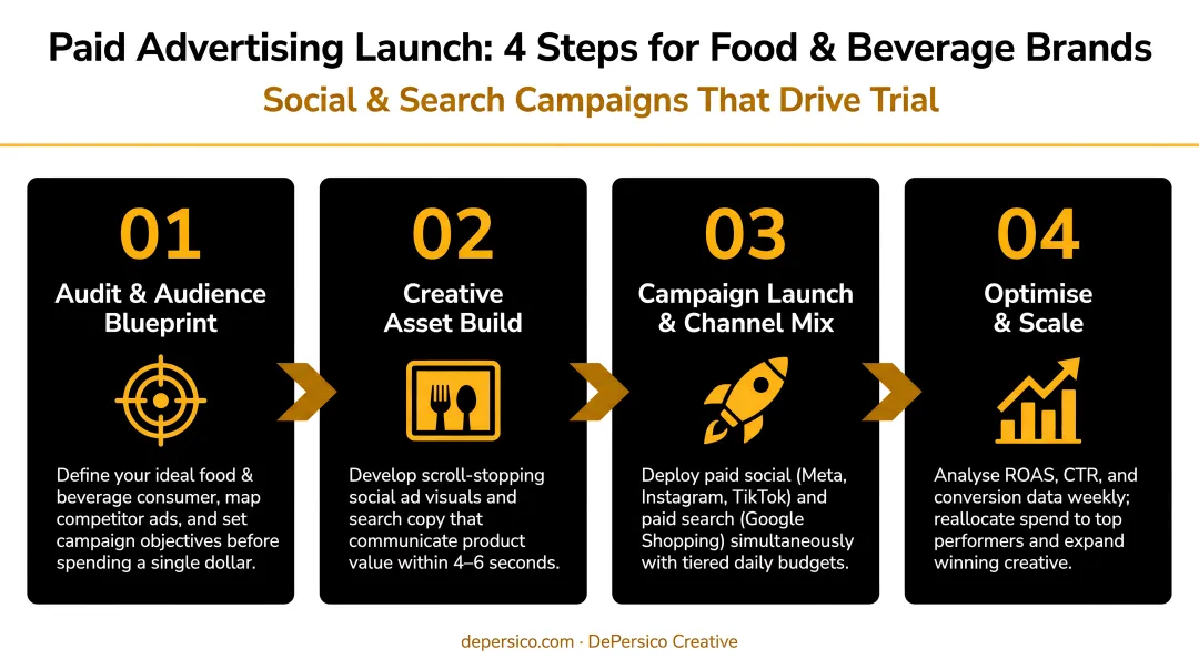 4-step paid advertising launch process for food and beverage brands on social and search