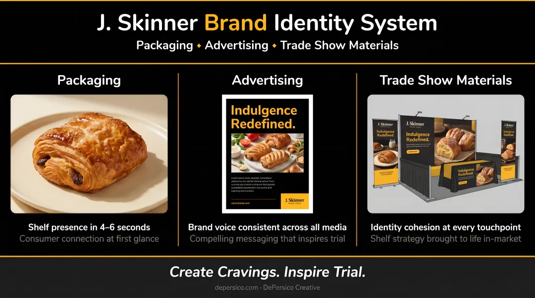 J. Skinner brand identity applied consistently across packaging advertising and trade show materials