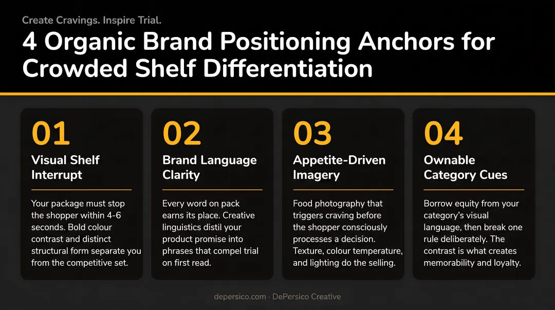 Four organic brand positioning anchors for crowded shelf differentiation
