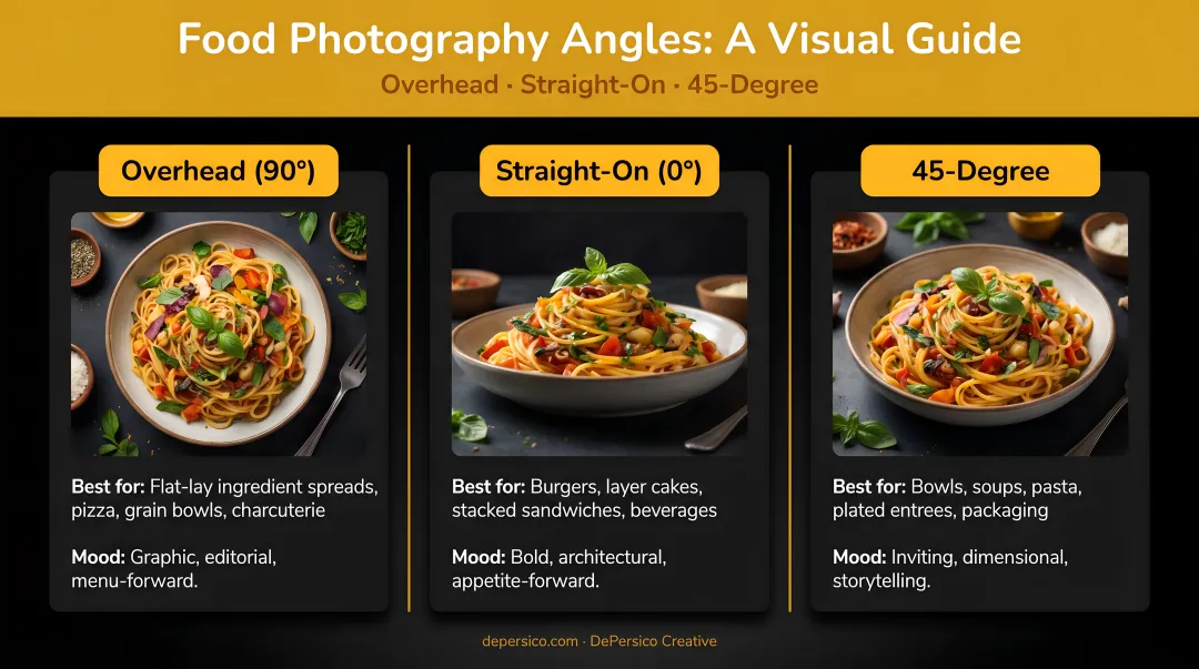 Three food photography angles overhead straight-on and 45-degree comparison guide