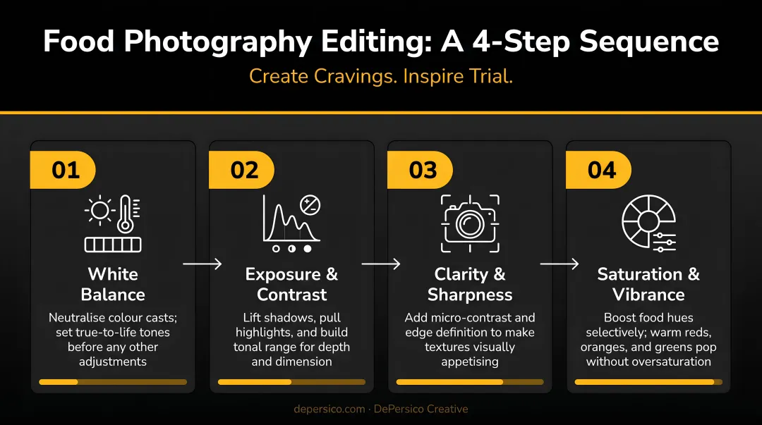 Four-step food photography editing sequence from white balance to saturation