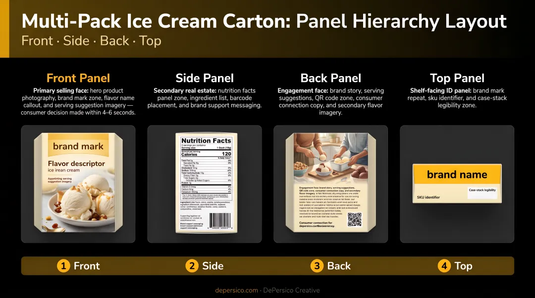 Multi-pack ice cream carton panel hierarchy layout front side back top