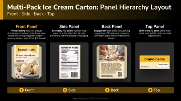 Multi-pack ice cream carton panel hierarchy layout front side back top