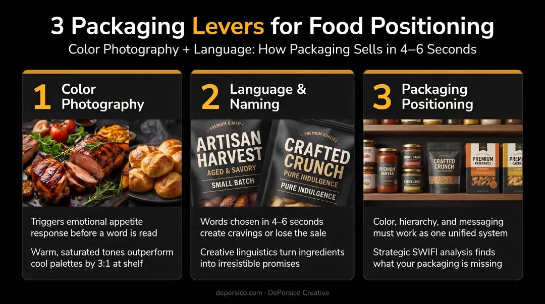 Three packaging levers for food positioning color photography and language breakdown
