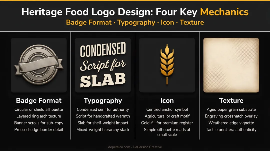 Four heritage food logo design mechanics badge format typography icon texture breakdown