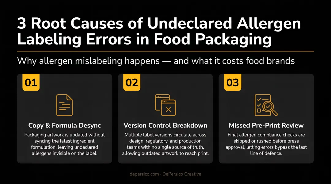 Three root causes of undeclared allergen labeling errors in food packaging