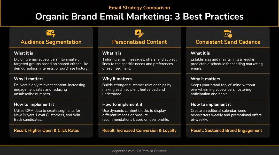 Organic brand email marketing strategy three best practices comparison chart