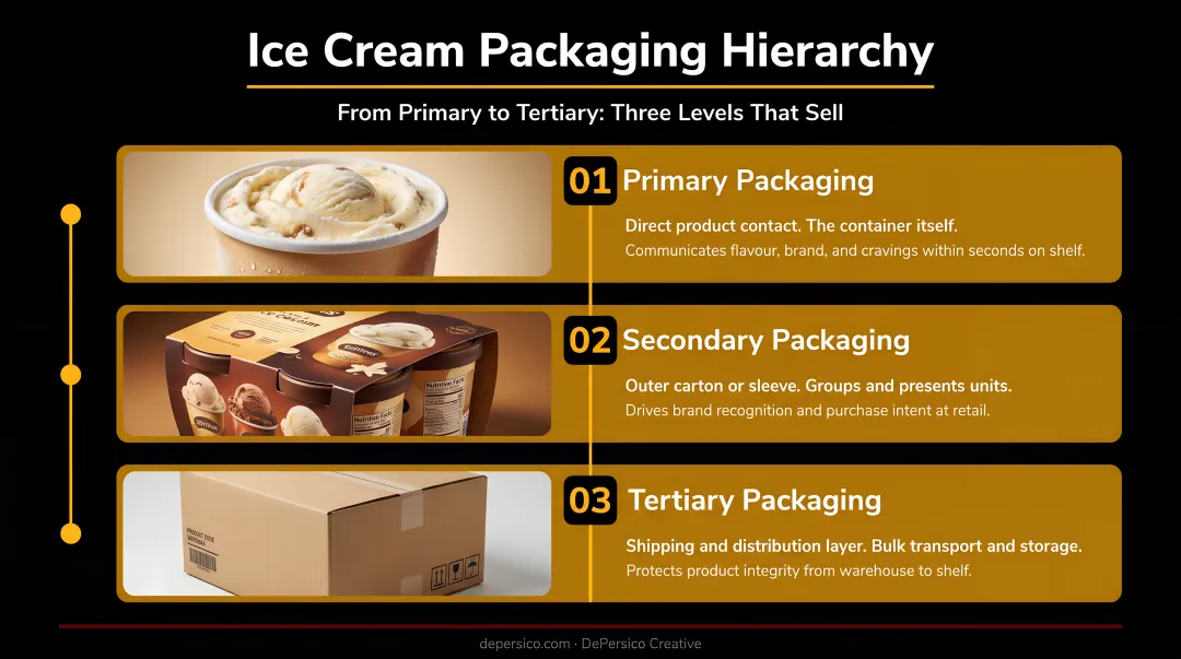 Three-tier ice cream packaging hierarchy from primary to tertiary levels