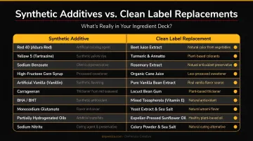 Synthetic food additives versus natural clean label ingredient replacements comparison chart