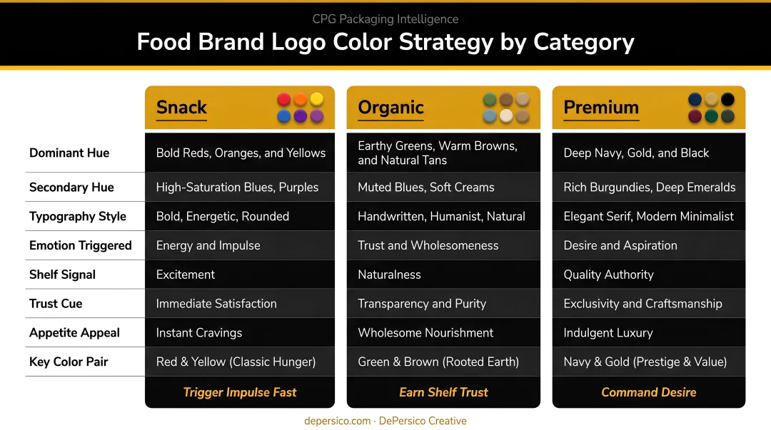 Food brand logo color strategy by category snack organic premium comparison chart