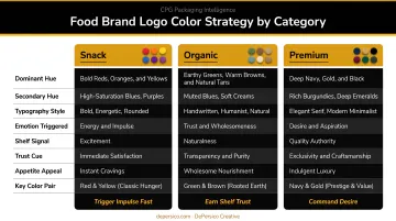 Food brand logo color strategy by category snack organic premium comparison chart