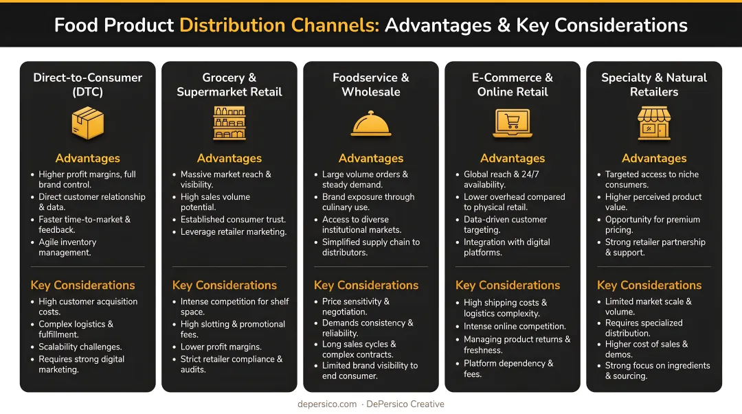 Five food product distribution channel comparison chart with advantages and key considerations