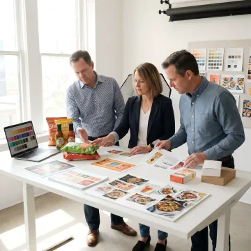 Creative team reviewing food brand packaging concepts