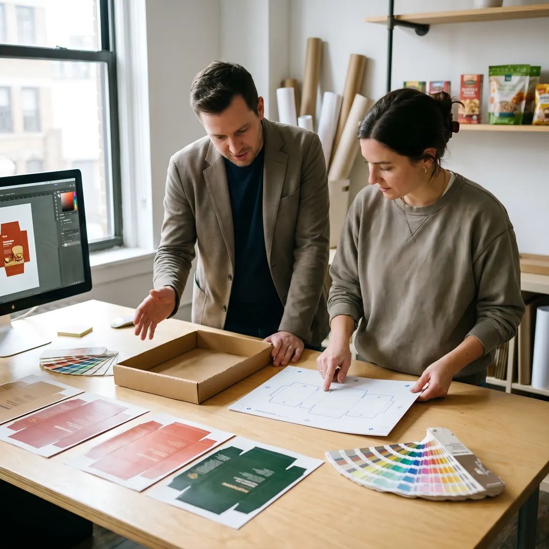 Designer reviewing branded secondary packaging dielines