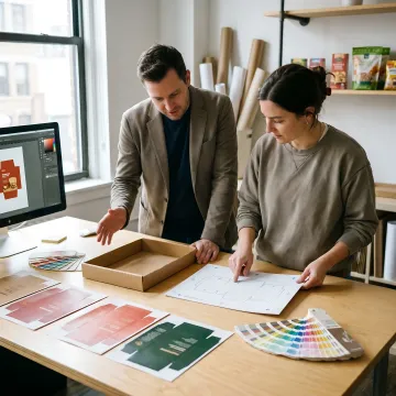Designer reviewing branded secondary packaging dielines